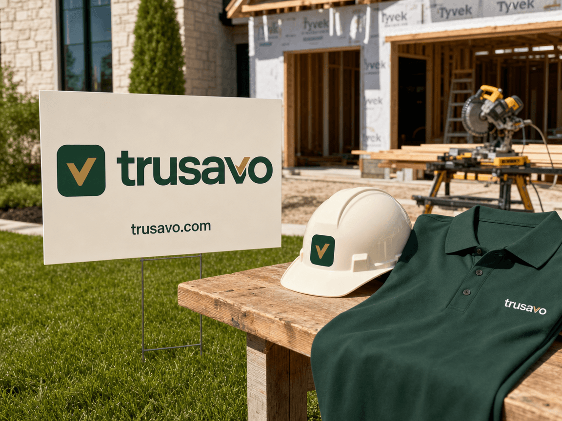 Trusavo job site with branded yard sign, hard hat, and polo